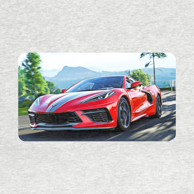 Corvette C8 Cartoon Drawing Action Print by Auto-Prints